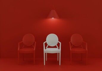 Empty white chair on red background with lamp and copy space. Spotlight Hiring Different Leadership Success Business concept. Minimal Elegant 3d render.