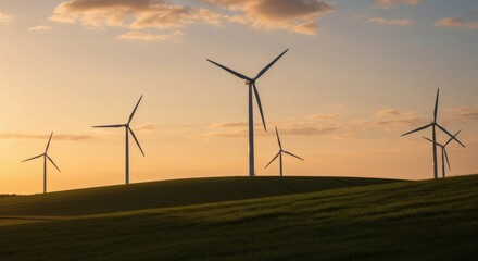 Renewable Energy under Sunset: A row of wind turbines stand tall against a vibrant sunset sky, representing the power of sustainable energy