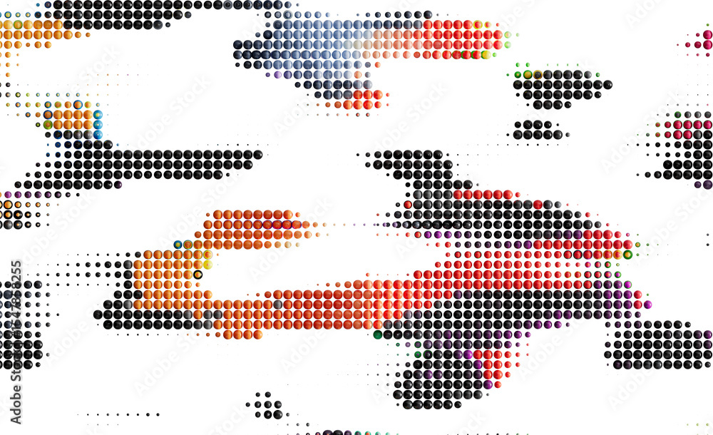 Poster vibrant orange, red, and black dots create a dynamic abstract design.