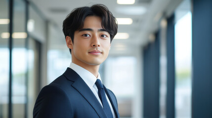 Young Japanese man in tailored business suit, confidently standing in modern office environment.