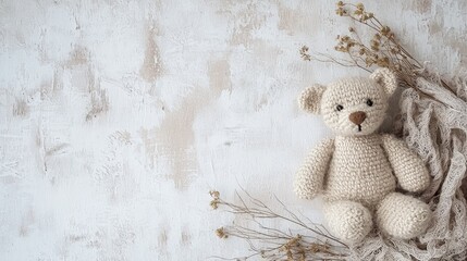 create a greetings card mock up, a small crotched light beige bear, in the left bottom corner, using the image attached, muted neutral tones