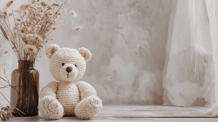 create a greetings card mock up, a small crotched light beige bear, in the left bottom corner, using the image attached, muted neutral tones