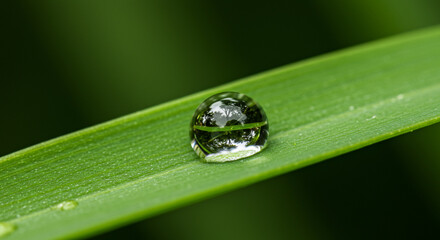 Macro shot of water droplet on green leaf.
A perfectly round water droplet reflects the environment while resting on a bright green blade of grass.
