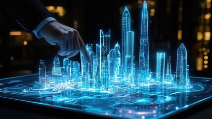 executive planning business expansion using a 3D holographic model of a smart city, futuristic innovation-driven environment