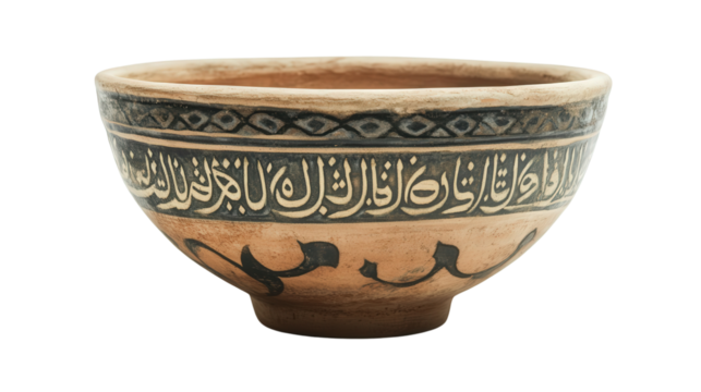 Medieval Islamic pottery bowl with calligraphic design,Transparent background, PNG file