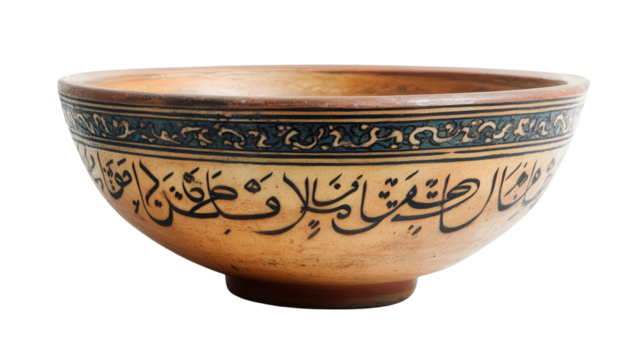 Medieval Islamic pottery bowl with calligraphic design,Transparent background, PNG file