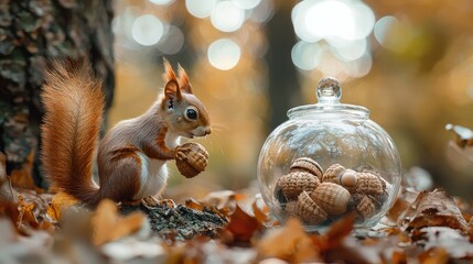 Gigantic acorn in a tiny glass CASE, in a forest, cinematic, bokeh, a squirrel looking at the acorn