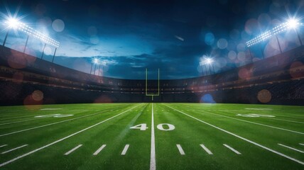 Empty american football stadium under bright stadium lights at nighttime
