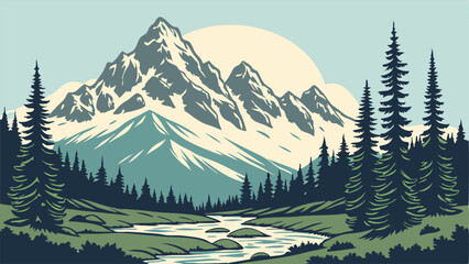 Majestic Mountain Landscape: River, Trees, Snow Peaks