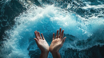 Hands holding a wave with a surfer