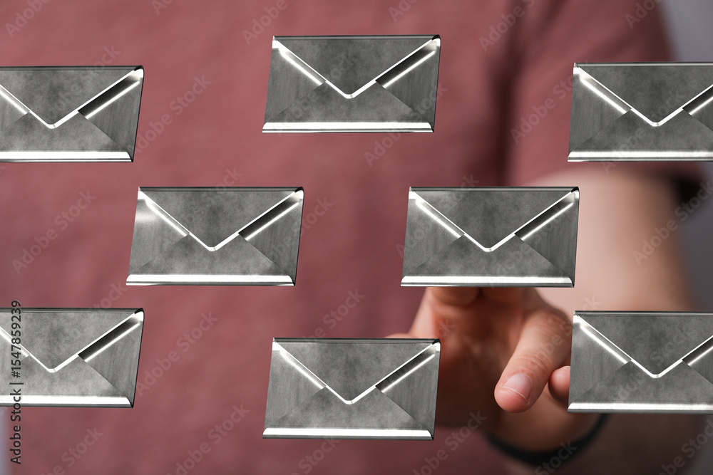 Poster person interacting with floating email icons, digital inbox, email management.