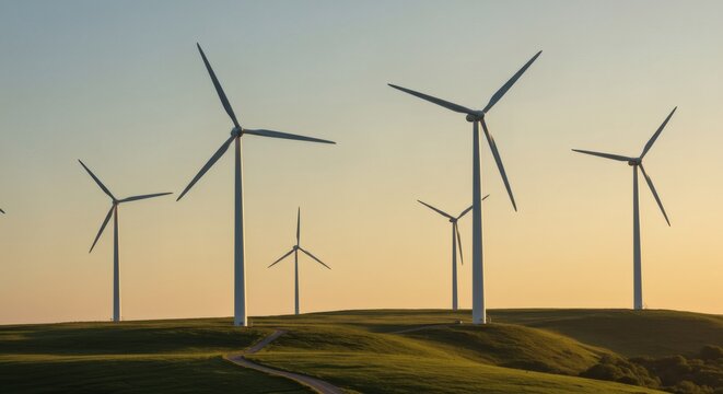 Wind Turbines on Hill: a collection of powerful wind turbines gracefully rotate atop a gentle hill, illuminated by the golden hour light, symbolizing sustainable energy. 