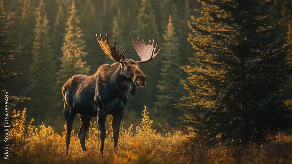 Poster a large moose grazes peacefully in a quiet forest as sunlight filters through the trees.