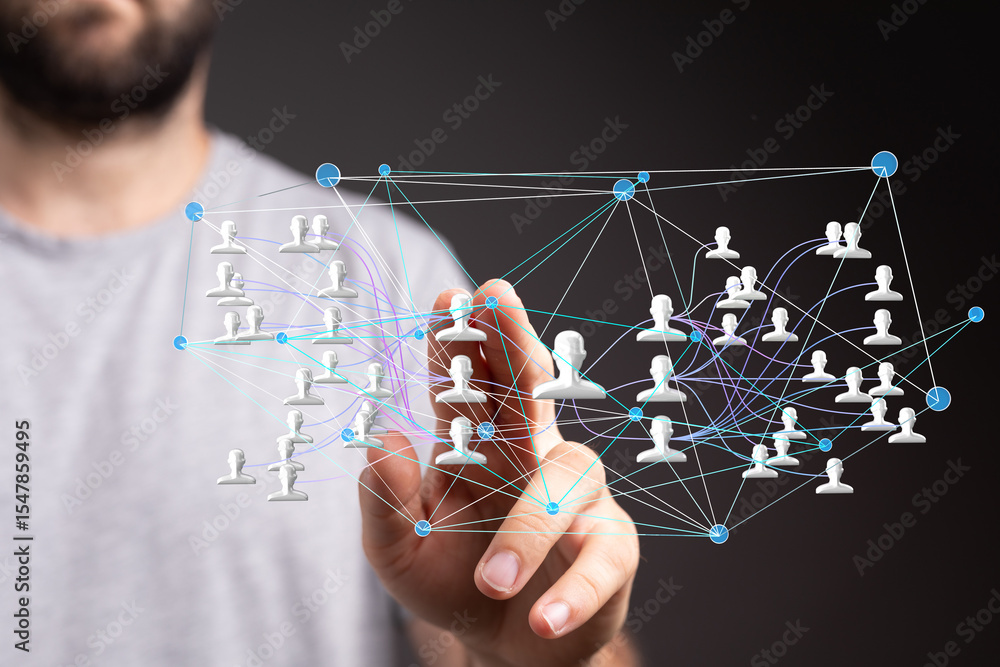 Poster Image depicts a person interacting with a digital network of interconnected individuals, representing global communication and collaboration.