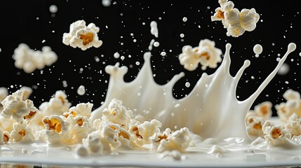 on black background ten grains of popcorn fall into milk cream with splashes, high milk wave, food photo
