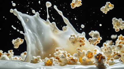 on black background ten grains of popcorn fall into milk cream with splashes, high milk wave, food photo