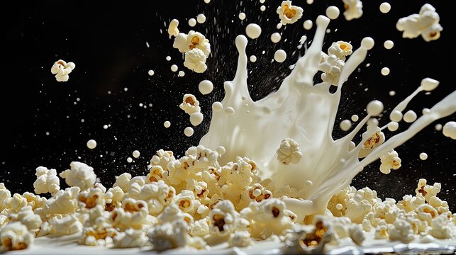 on black background ten grains of popcorn fall into milk cream with splashes, high milk wave, food photo