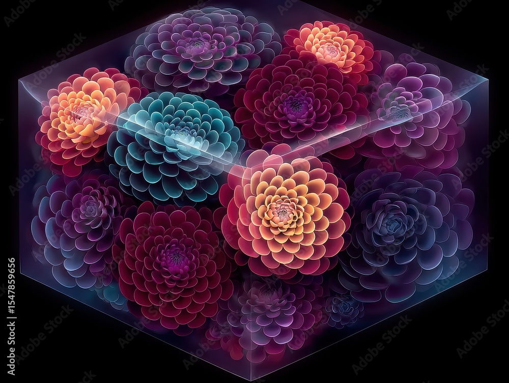 Poster glowing transparent cube filled with intricate multicolored flowers showcasing mesmerizing designs s