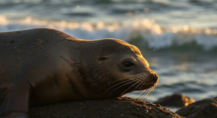 Naklejka premium Sea lion resting on rocky shore at sunset. A sea lion lounges on a sunlit rock with gentle ocean waves in the background during golden hour. 