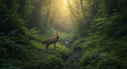 Spotted deer in misty green jungle at sunrise.
A shy spotted deer stands by a stream in a lush misty forest.

