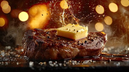 Photography, product view, A juicy Steak and butter infused with spices, splashing sauce, a food advertisement, with color grading and hyper-realistic, super-detailed imagery, Morandi Color background