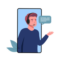 Office operator with headset talking with clients. Customer service, call center, hotline, customer support department staff concept. 3d vector people character. Cartoon minimal style.