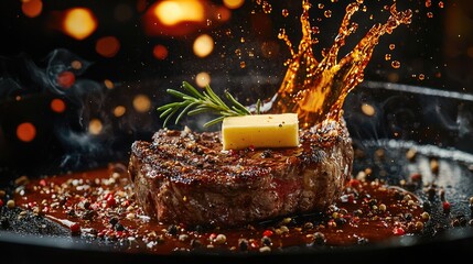 Photography, product view, A juicy Steak and butter infused with spices, splashing sauce, a food advertisement, with color grading and hyper-realistic, super-detailed imagery, Morandi Color background