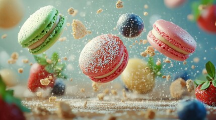 Photorealistic cinematic still of dessert ingredients frozen in mid-air in a dynamic, bullet-time composition. Elements such as ripe strawberries