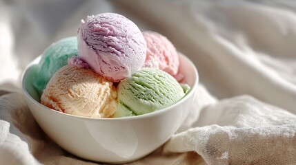 Pastel-colored gelato scoops in white ceramic bowl, gentle sunlight and neutral linen