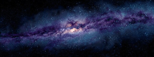 8k Panorama blue and purple milky way galaxy with a black background. banner