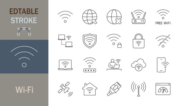Wifi icon set. Containing online, signal, wireless, internet, computer, connect, hotspot, offline, wifi router, modem, artificial satellite. Editable line icons. Vector illustration.