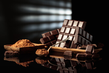 Broken bitter chocolate bars and wooden dish with cocoa powder.