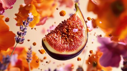 Sliced honey-glazed fig surrounded by burnt orange marigold petals, pink peppercorns, and lavender buds. Suspended in a surreal spatial composition 