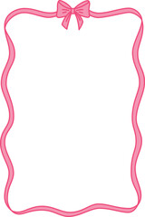 Pink tape frame with bow, wavy ribbon border coquette greeting card, invitation, romantic events vintage vector design