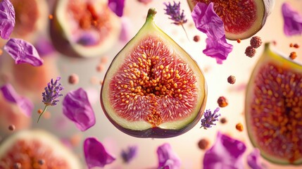 Sliced honey-glazed fig surrounded by burnt orange marigold petals, pink peppercorns, and lavender buds. Suspended in a surreal spatial composition 