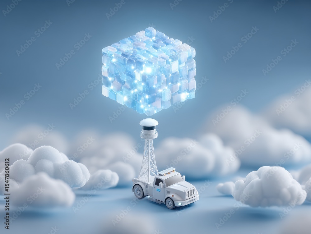 Poster conceptual representation of a miniature truck transporting a floating illuminated cube above fluffy