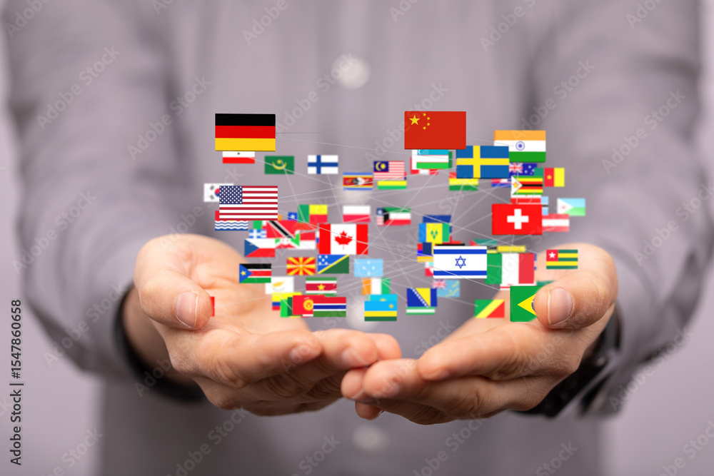 Poster Image of hands holding a network of interconnected flags representing global connections.