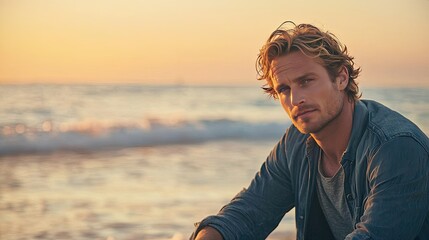 sunrise at a beautiful beach, a lonely blond handsome man sitting, contemplating life and the universe, serene and introspective mood, soft warm colors, gentle waves, 16:9 aspect ratio