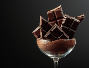 Broken black chocolate bar in glass with cocoa powder.