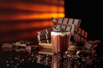 Hot chocolate with whipped cream sprinkled with chocolate crumb.