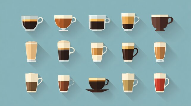 a clean, modern icon set of different types of coffee drinks (espresso, latte, cappuccino), rendered in a minimalist flat design style, perfect for a menu
