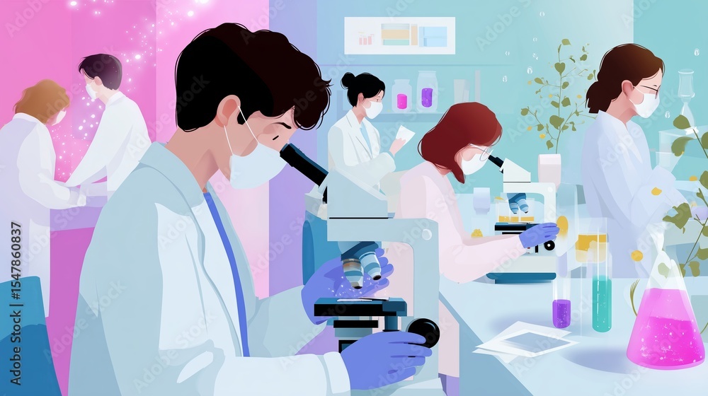 Poster young scientists conducting experiments in a modern laboratory setting