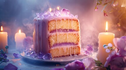 tall russian kulich cake sliced open, inside glowing pastel crystals like geode, soft transparent icing dripping down the sides, light pink and lilac colors, 