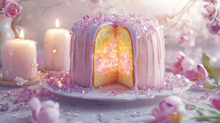 tall russian kulich cake sliced open, inside glowing pastel crystals like geode, soft transparent icing dripping down the sides, light pink and lilac colors, 