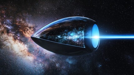 The teardrop-shaped detector in space has a mirrored surface, smooth and without any objects, reflecting the entire universe. The invisible engine at the end emits a blue streak of light.
