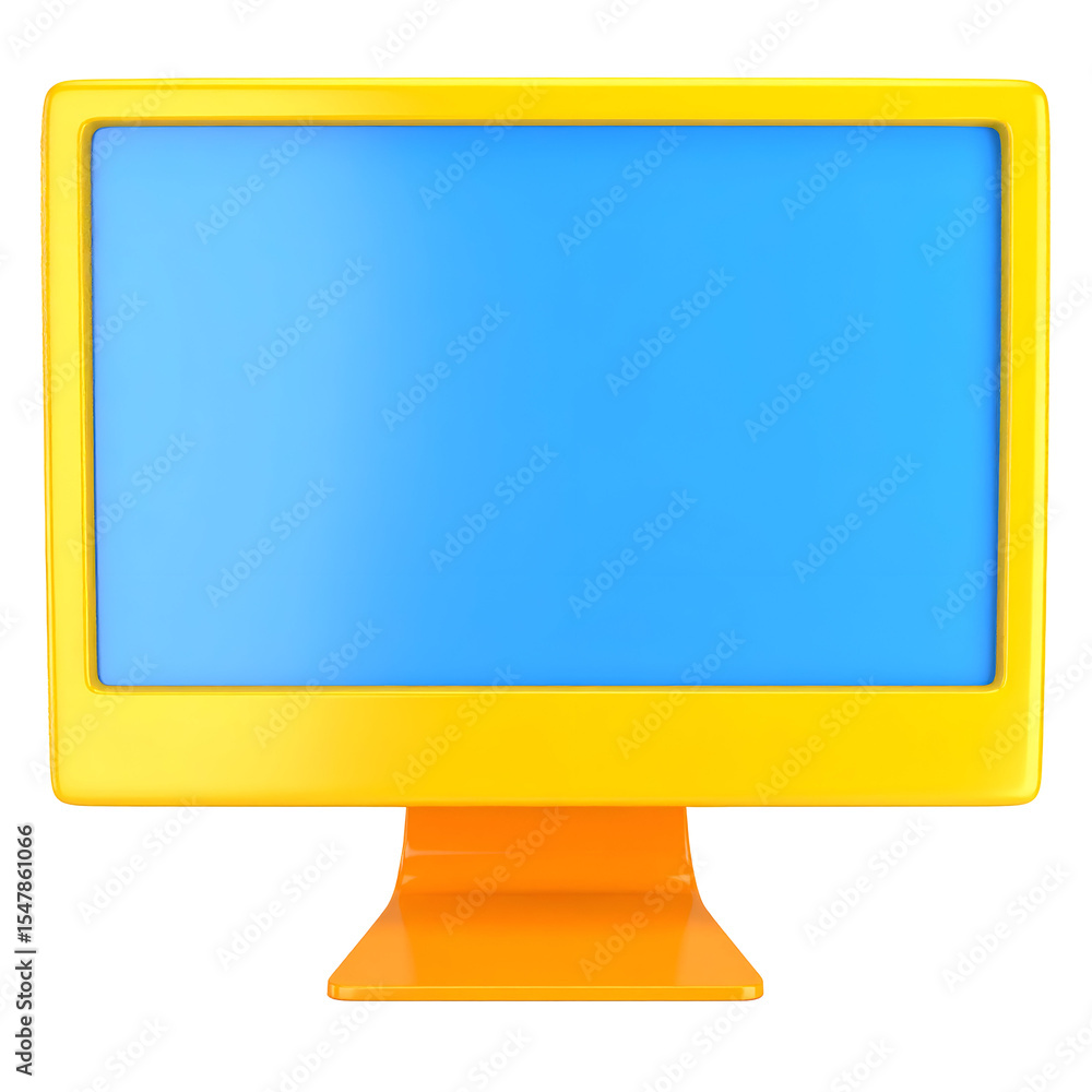 Poster yellow and orange desktop computer monitor showing blue screen on transparent background