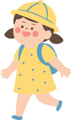Preschool Girl in Yellow Dress and Hat Walking to Kindergarten – Flat Vector Illustration