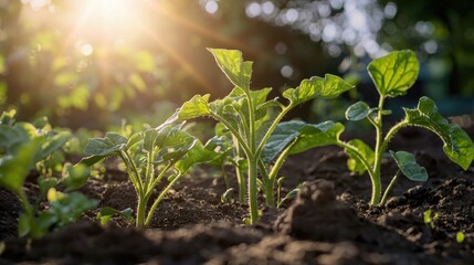 Zucchini squash plants growing in a home garden under the sunlight.