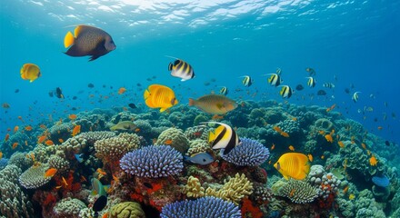 Tropical fish swimming through a coral reef full of saturated