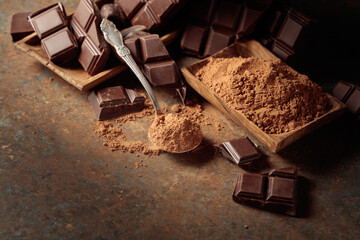 Broken bitter chocolate bar and cocoa powder.